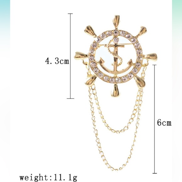 Rudder Brooch for Women Men Rhinestone Anchor Rudder Brooch Pins Chain Fashion - Picture 3 of 9